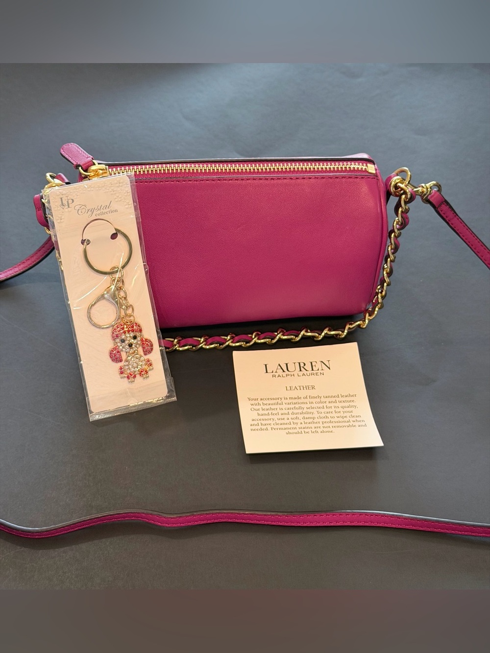 Lauren Ralph Lauren Hot Pink Leather Chain Crossbody Bag&bag charm